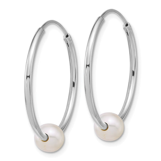 QE18175 Sterling Silver Rhodium-plated 7-8mm Semi-Round White Freshwater Cultured Pearl 30mm Endless Hoop Earrings