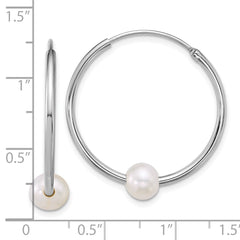 QE18175 Sterling Silver Rhodium-plated 7-8mm Semi-Round White Freshwater Cultured Pearl 30mm Endless Hoop Earrings