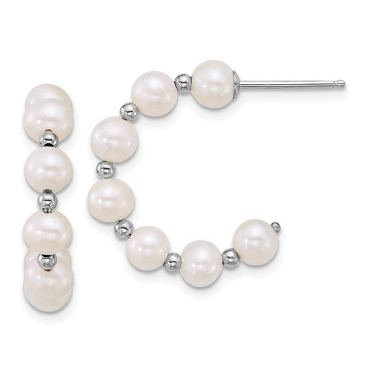 QE18180 Sterling Silver Rhodium-plated 4-5mm Round White Freshwater Cultured Pearl and Bead C-Hoop Post Earrings