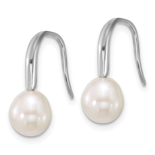 QE18181 Sterling Silver Rhodium-plated 7-8mm Teardrop White Freshwater Cultured Pearl Dangle Shepherd Hook Earrings