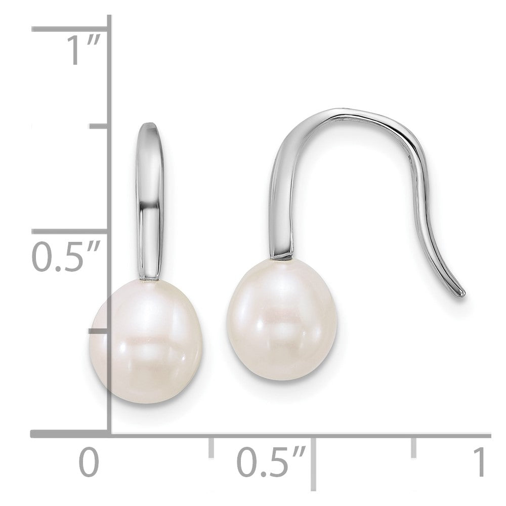 QE18181 Sterling Silver Rhodium-plated 7-8mm Teardrop White Freshwater Cultured Pearl Dangle Shepherd Hook Earrings