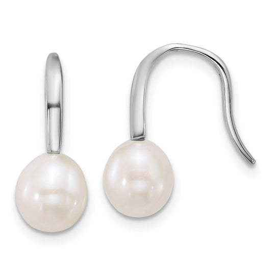 QE18181 Sterling Silver Rhodium-plated 7-8mm Teardrop White Freshwater Cultured Pearl Dangle Shepherd Hook Earrings