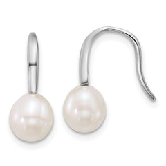 QE18181 Sterling Silver Rhodium-plated 7-8mm Teardrop White Freshwater Cultured Pearl Dangle Shepherd Hook Earrings