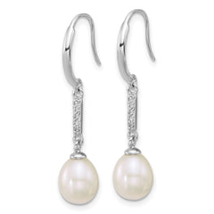 QE18182 Sterling Silver Rhodium-plated 6-8mm Teardrop White Freshwater Cultured Pearl and CZ Dangle Shepherd Hook Earrings
