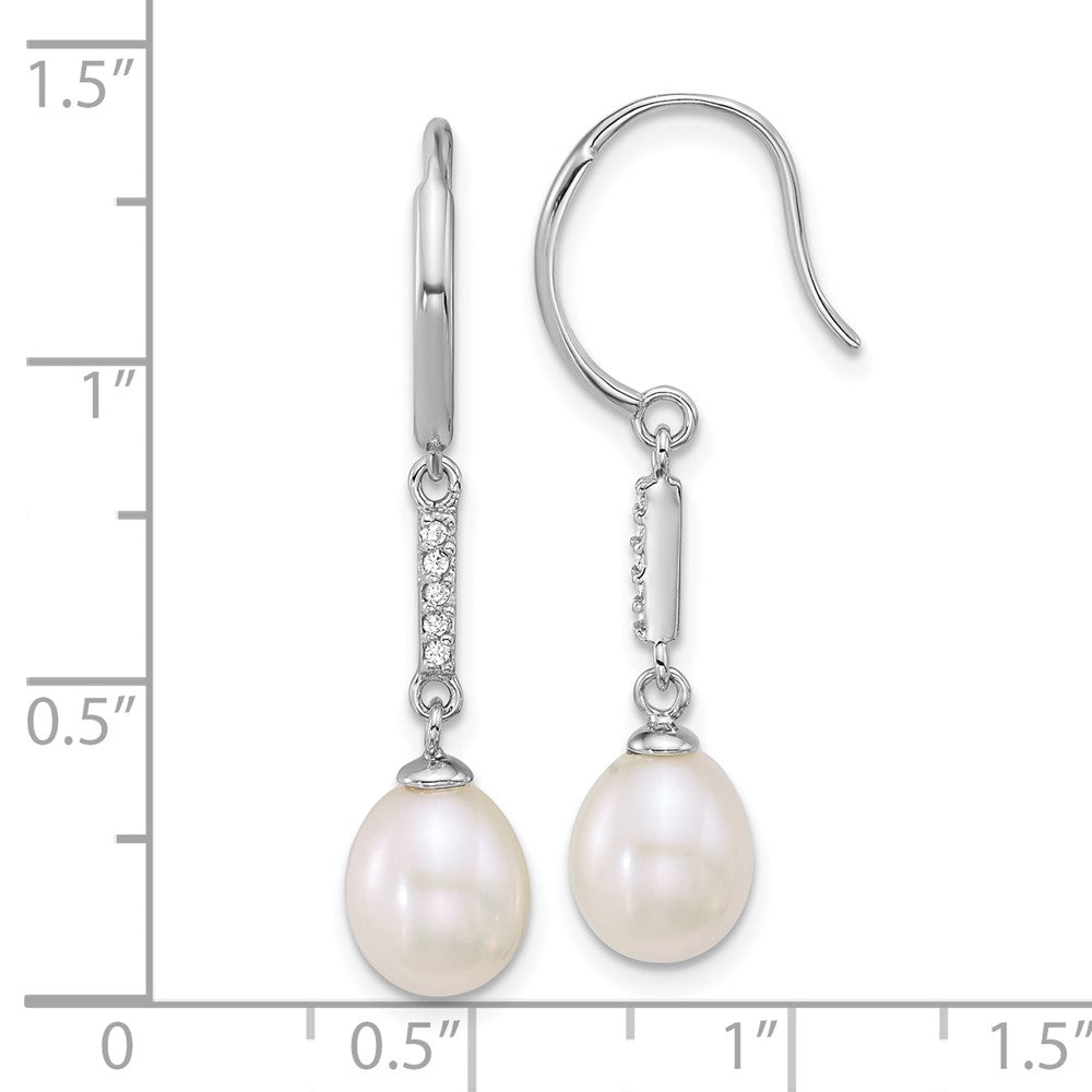 QE18182 Sterling Silver Rhodium-plated 6-8mm Teardrop White Freshwater Cultured Pearl and CZ Dangle Shepherd Hook Earrings