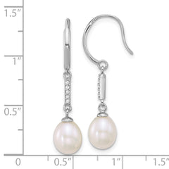 QE18182 Sterling Silver Rhodium-plated 6-8mm Teardrop White Freshwater Cultured Pearl and CZ Dangle Shepherd Hook Earrings
