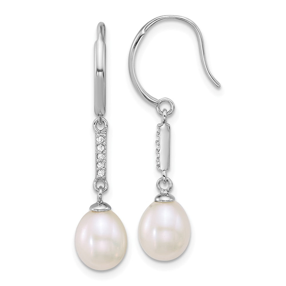 QE18182 Sterling Silver Rhodium-plated 6-8mm Teardrop White Freshwater Cultured Pearl and CZ Dangle Shepherd Hook Earrings