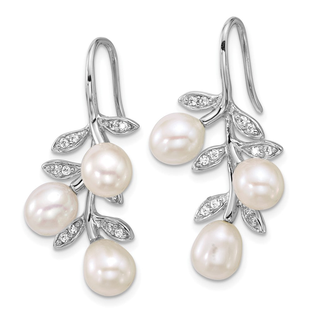 QE18184 Sterling Silver Rhodium-plated 6-8mm Rice White Freshwater Cultured Pearland  CZ Leaf Dangle Shepherd Hook Earrings