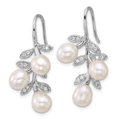 QE18184 Sterling Silver Rhodium-plated 6-8mm Rice White Freshwater Cultured Pearland  CZ Leaf Dangle Shepherd Hook Earrings