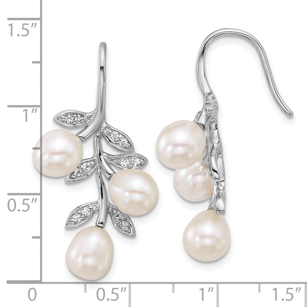 QE18184 Sterling Silver Rhodium-plated 6-8mm Rice White Freshwater Cultured Pearland  CZ Leaf Dangle Shepherd Hook Earrings