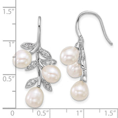 QE18184 Sterling Silver Rhodium-plated 6-8mm Rice White Freshwater Cultured Pearland  CZ Leaf Dangle Shepherd Hook Earrings