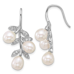 QE18184 Sterling Silver Rhodium-plated 6-8mm Rice White Freshwater Cultured Pearland  CZ Leaf Dangle Shepherd Hook Earrings