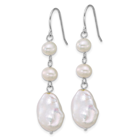 QE18185 Sterling Silver Rhodium-plated 6-7mm Round and 11-12mm Keshi White Freshwater Cultured Pearl Dangle Shepherd Hook Earrings