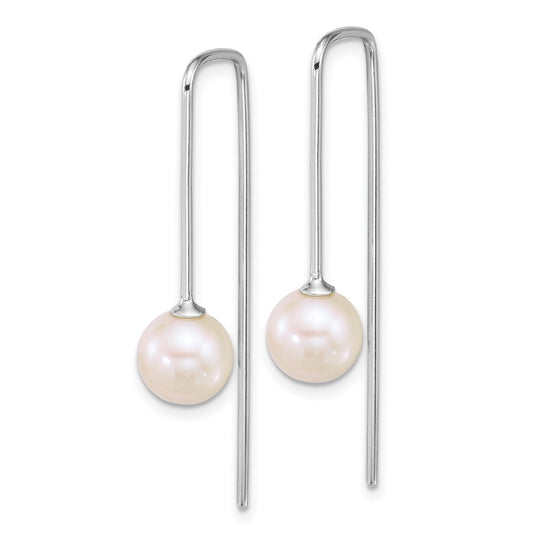 QE18186 Sterling Silver Rhodium-plated 7-8mm Round White Freshwater Cultured Pearl Squared Threader Earrings
