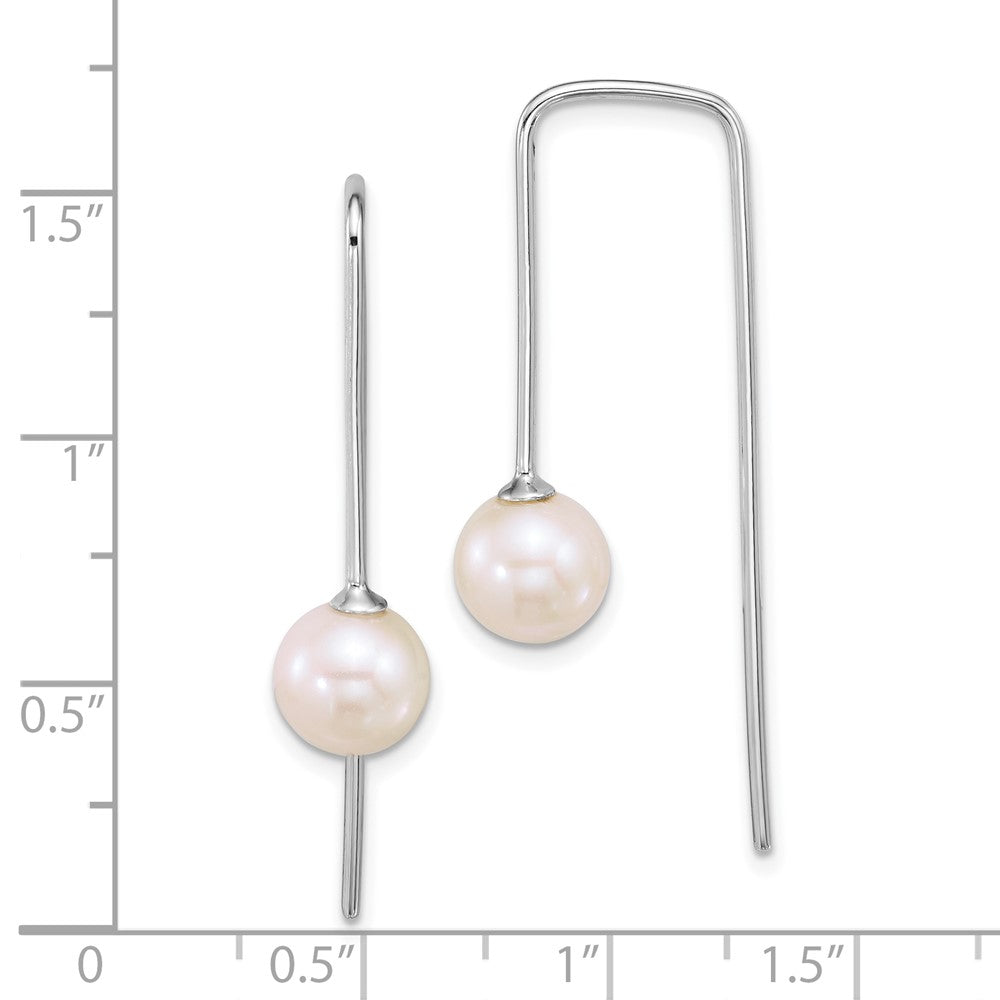 QE18186 Sterling Silver Rhodium-plated 7-8mm Round White Freshwater Cultured Pearl Squared Threader Earrings
