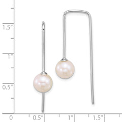 QE18186 Sterling Silver Rhodium-plated 7-8mm Round White Freshwater Cultured Pearl Squared Threader Earrings