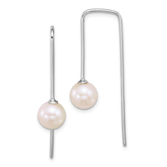 QE18186 Sterling Silver Rhodium-plated 7-8mm Round White Freshwater Cultured Pearl Squared Threader Earrings