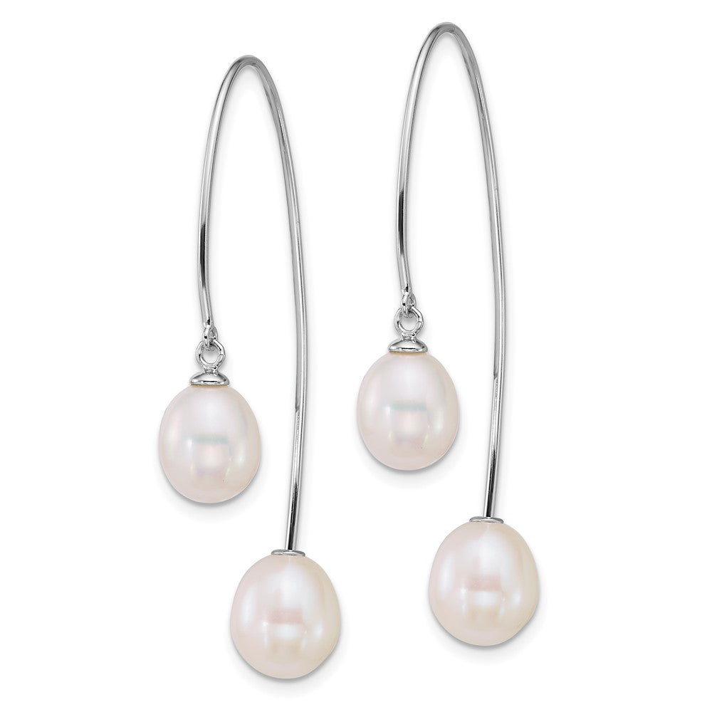 QE18188 Sterling Silver Rhodium-plated 6-8mm and 8-9mm Teardrop White Freshwater Cultured Pearl Front and Back Threader Earrings