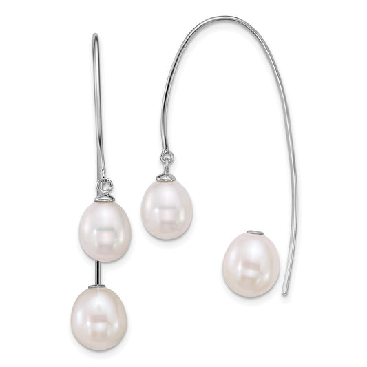 QE18188 Sterling Silver Rhodium-plated 6-8mm and 8-9mm Teardrop White Freshwater Cultured Pearl Front and Back Threader Earrings