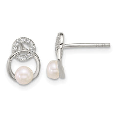 QE18189 Sterling Silver Polished CZ Circles with 4-5mm Imitation Button Pearl Post Earrings