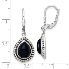 QE18191 Sterling Silver Antiqued Onyx Teardrop Cabochon Leverback Dangle Earrings