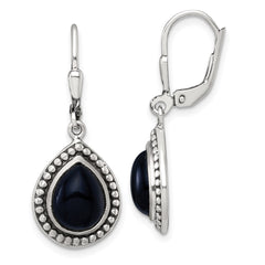 QE18191 Sterling Silver Antiqued Onyx Teardrop Cabochon Leverback Dangle Earrings
