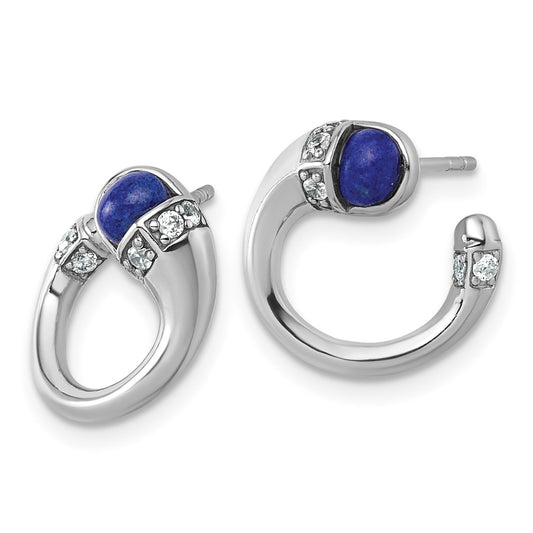 QE18192 Sterling Silver Rhodium-plated Polished CZ and Lapis Cabochon Cuff Post Earrings