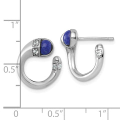 QE18192 Sterling Silver Rhodium-plated Polished CZ and Lapis Cabochon Cuff Post Earrings