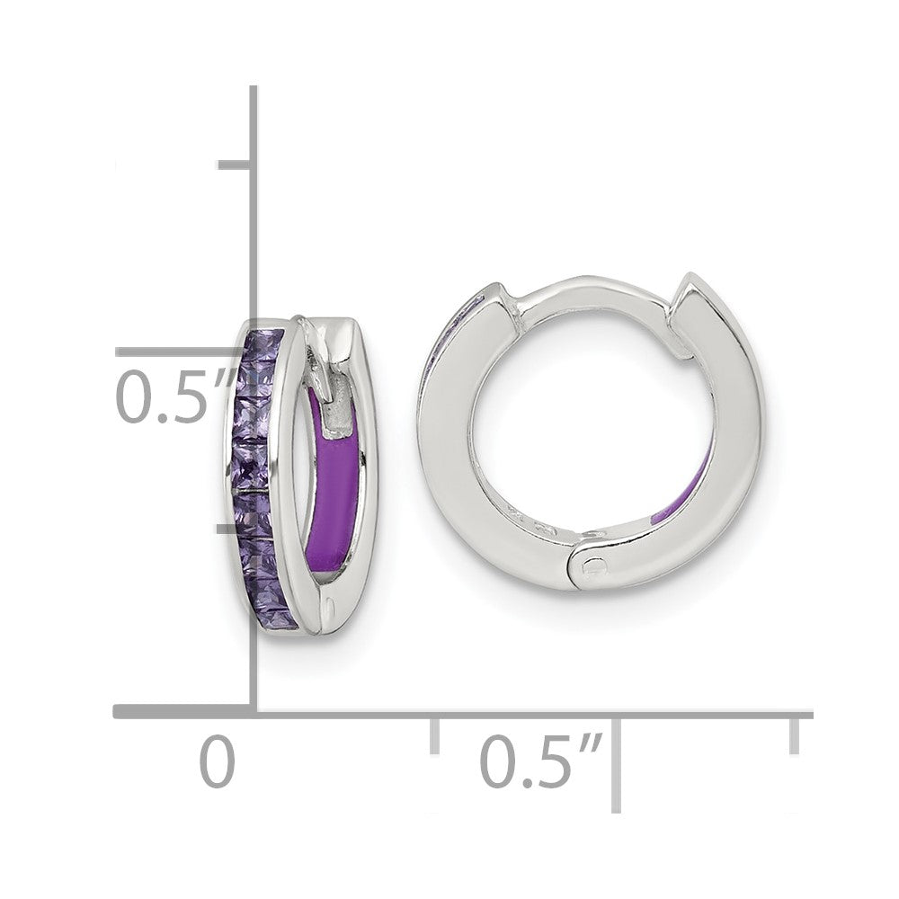QE18198 Sterling Silver Polished Purple CZ and Purple Enamel In and Out 13mm Hinged Round Hoop Earrings