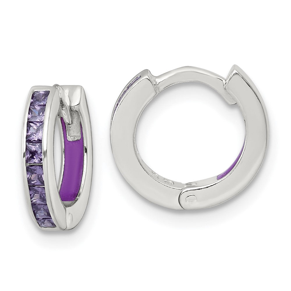 QE18198 Sterling Silver Polished Purple CZ and Purple Enamel In and Out 13mm Hinged Round Hoop Earrings
