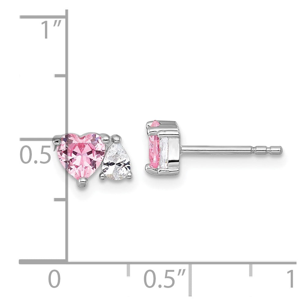 QE18199 Sterling Silver Rhodium-plated Polished Heart Pink and White Pear CZ Post Earrings