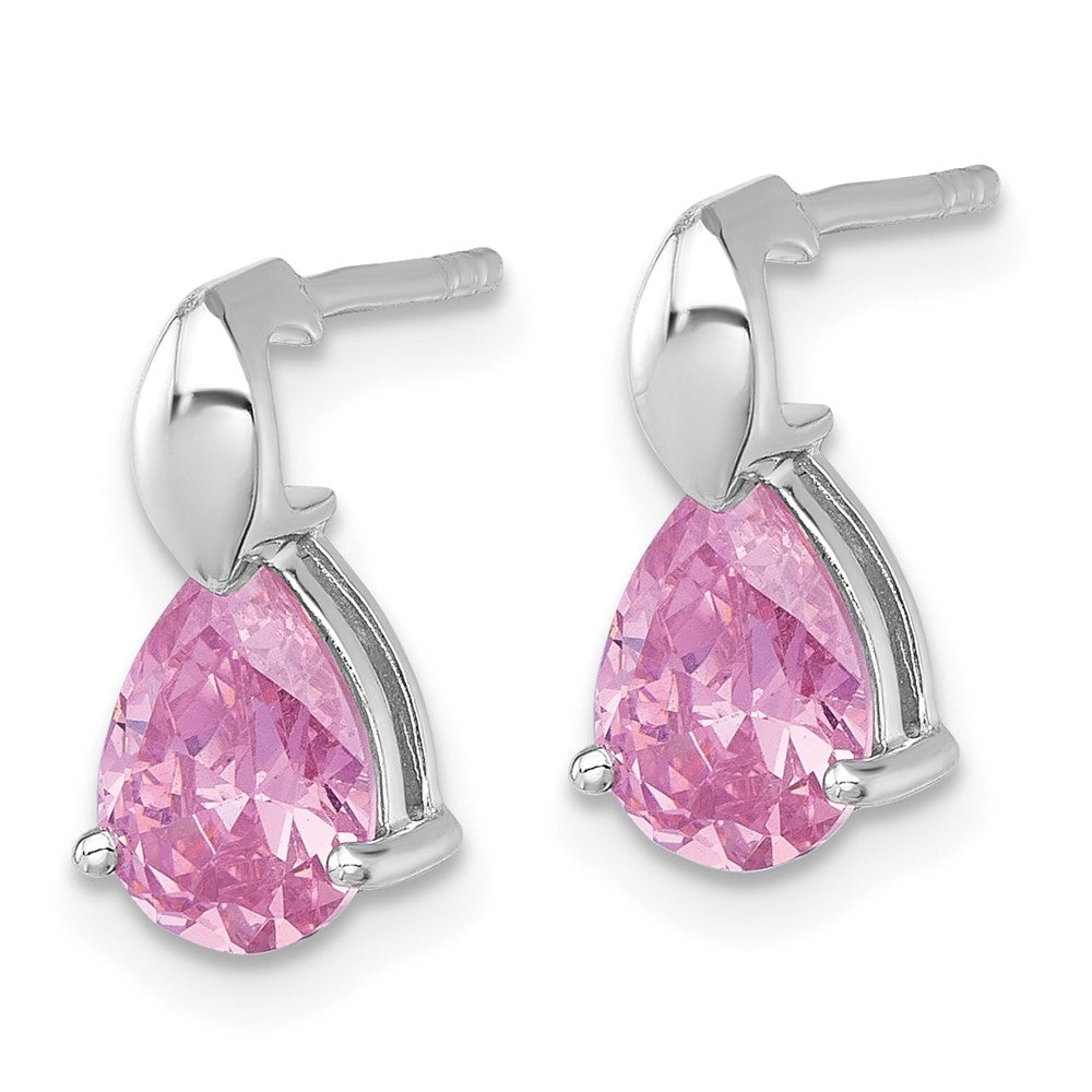 QE18200 Sterling Silver Rhodium-plated Polished Pink Pear CZ Teardrop Post Earrings