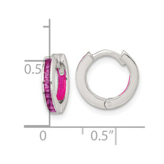 QE18201 Sterling Silver Polished Pink CZ and Pink Enamel In and Out 13mm Hinged Round Hoop Earrings