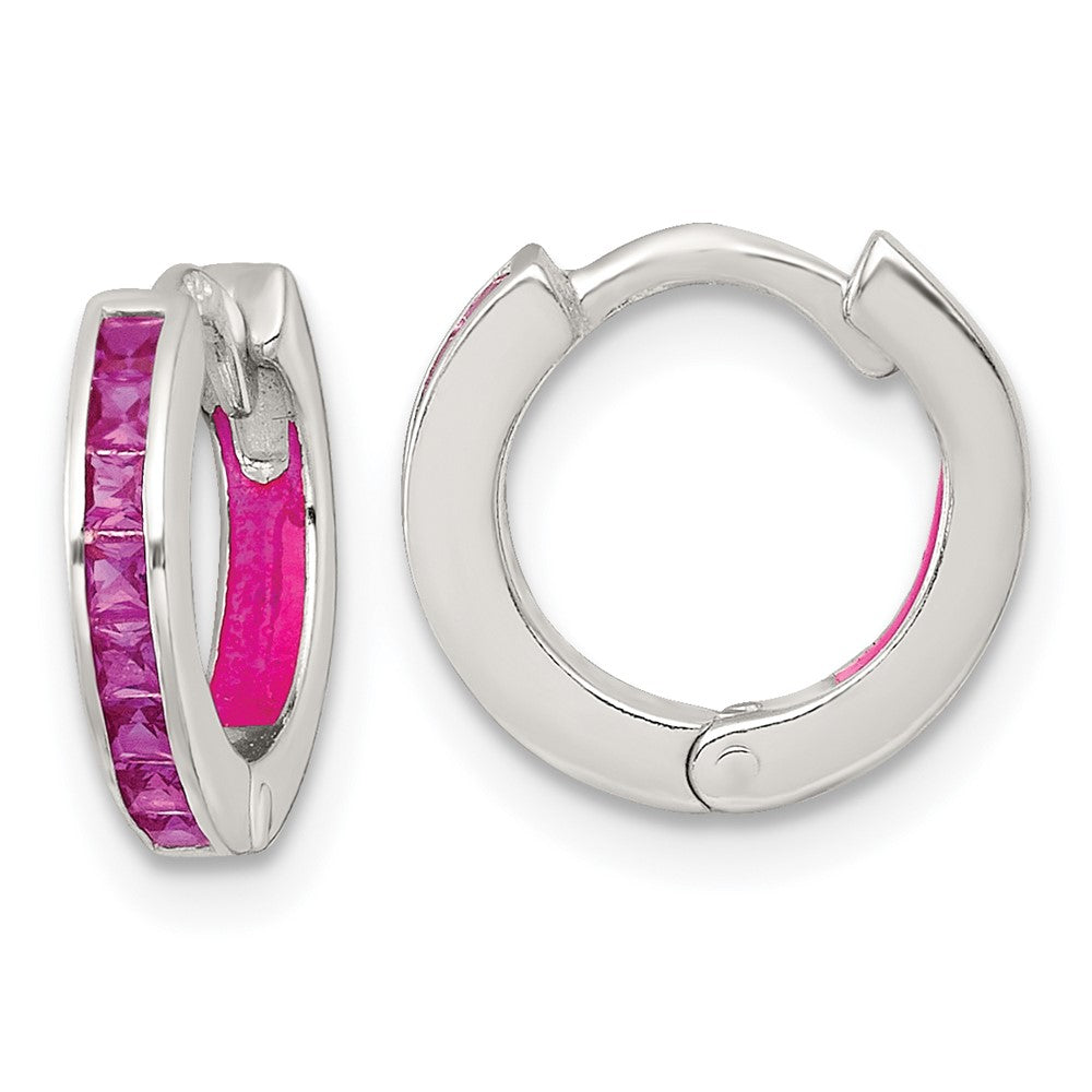 QE18201 Sterling Silver Polished Pink CZ and Pink Enamel In and Out 13mm Hinged Round Hoop Earrings