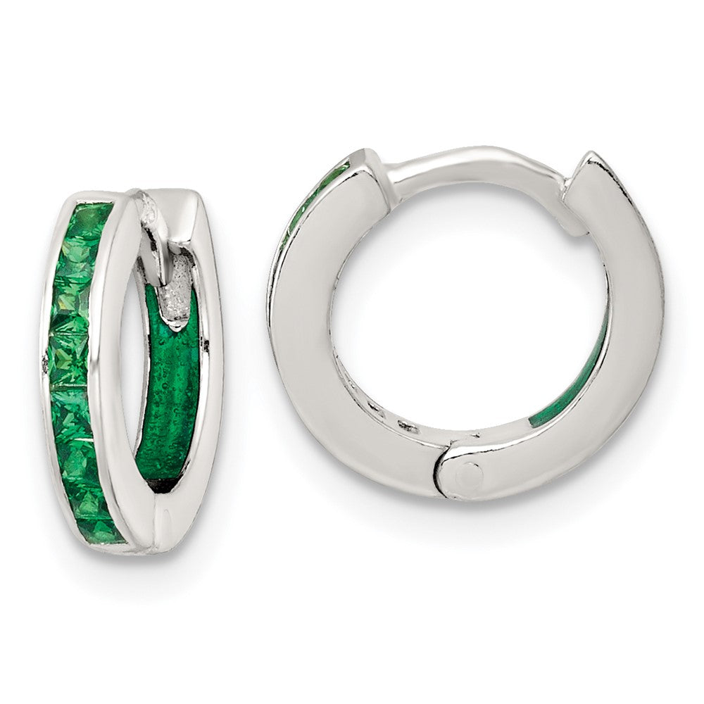 QE18203 Sterling Silver Polished Green CZ and Green Enamel In and Out 13mm Hinged Round Hoop Earrings