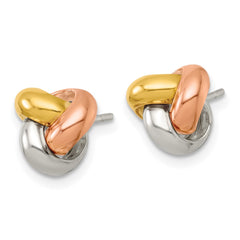 QE18205 Sterling Silver Gold-tone and Rose-tone Polished Love Knot Post Earrings