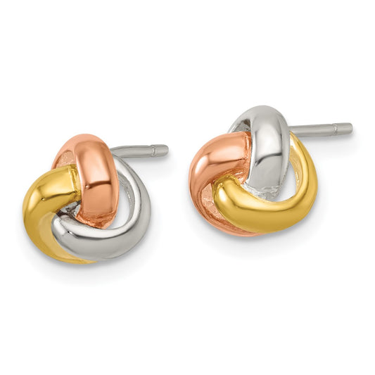 QE18206 Sterling Silver Gold-tone and Rose-tone Polished Love Knot Post Earrings