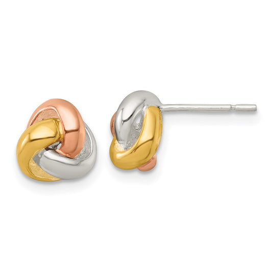 QE18206 Sterling Silver Gold-tone and Rose-tone Polished Love Knot Post Earrings