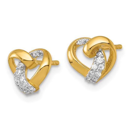 QE18208 Sterling Silver Gold-tone Polished CZ Love Knot Heart Post Earrings