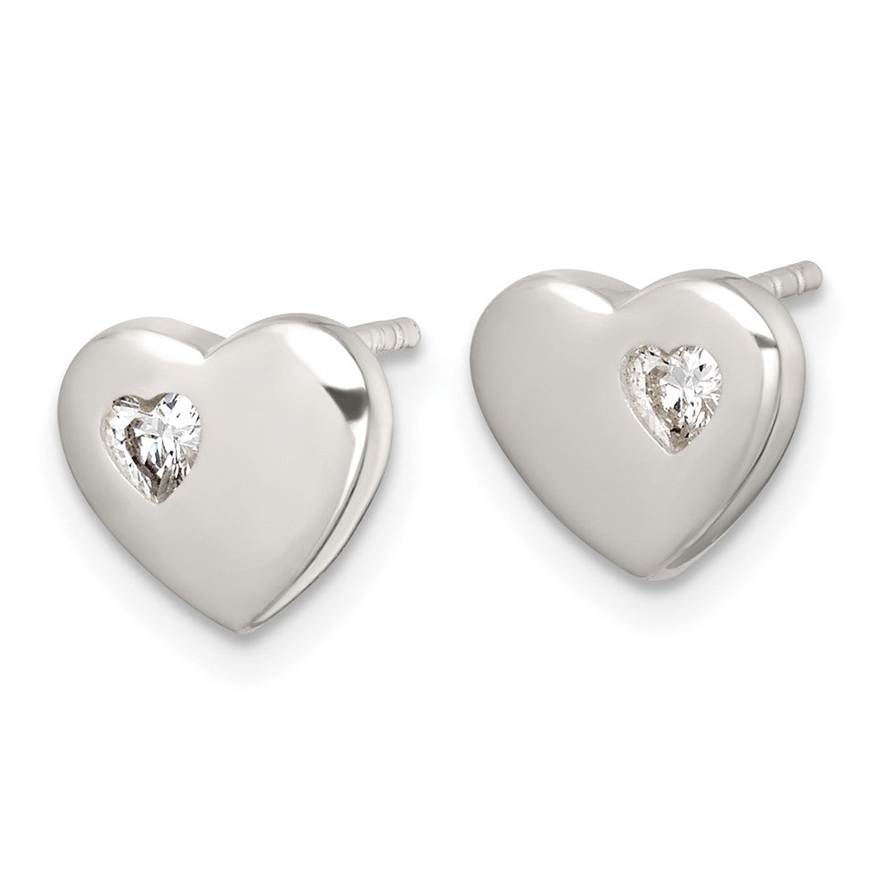 QE18210 Sterling Silver Polished CZ Heart Post Earrings