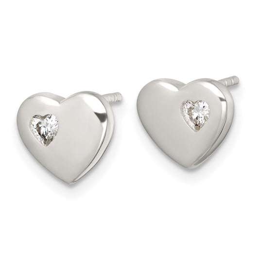 QE18210 Sterling Silver Polished CZ Heart Post Earrings
