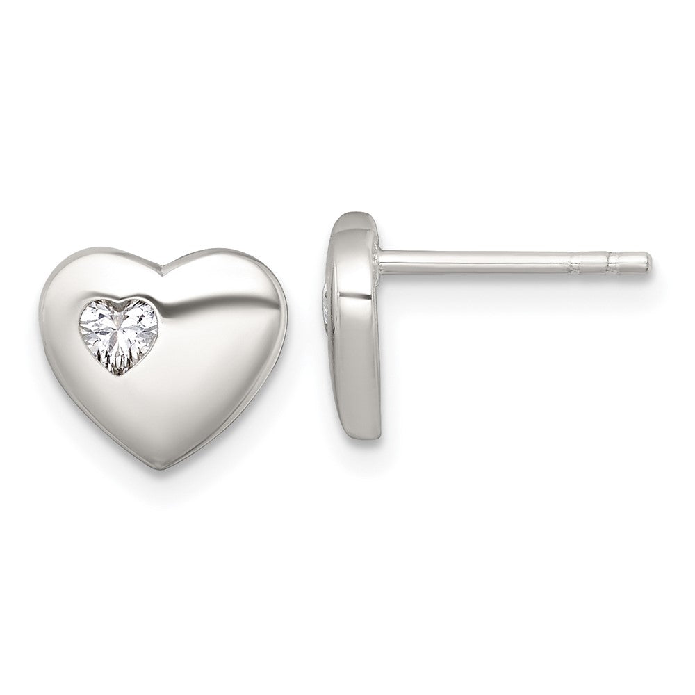 QE18210 Sterling Silver Polished CZ Heart Post Earrings