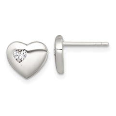 QE18210 Sterling Silver Polished CZ Heart Post Earrings