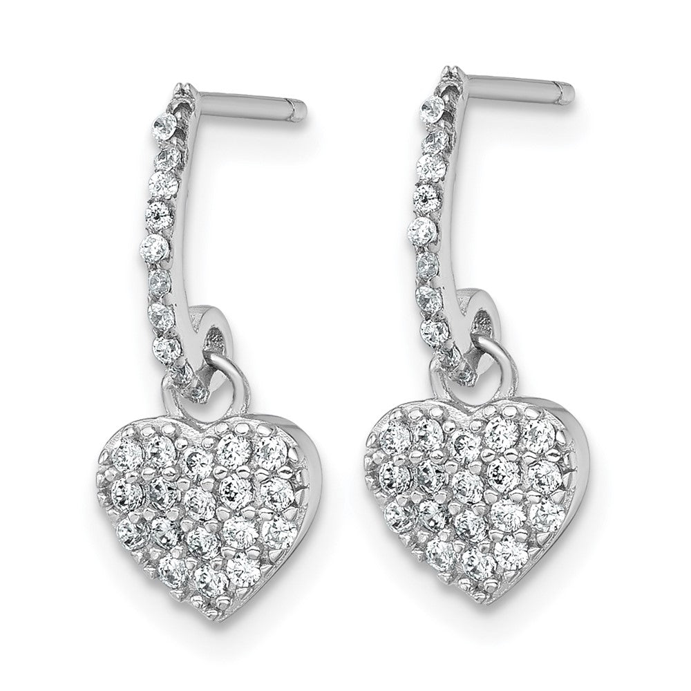 QE18211 Sterling Silver Rhodium-plated Polished CZ Heart Post Dangle Earrings