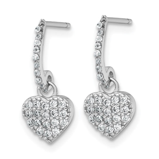 QE18211 Sterling Silver Rhodium-plated Polished CZ Heart Post Dangle Earrings