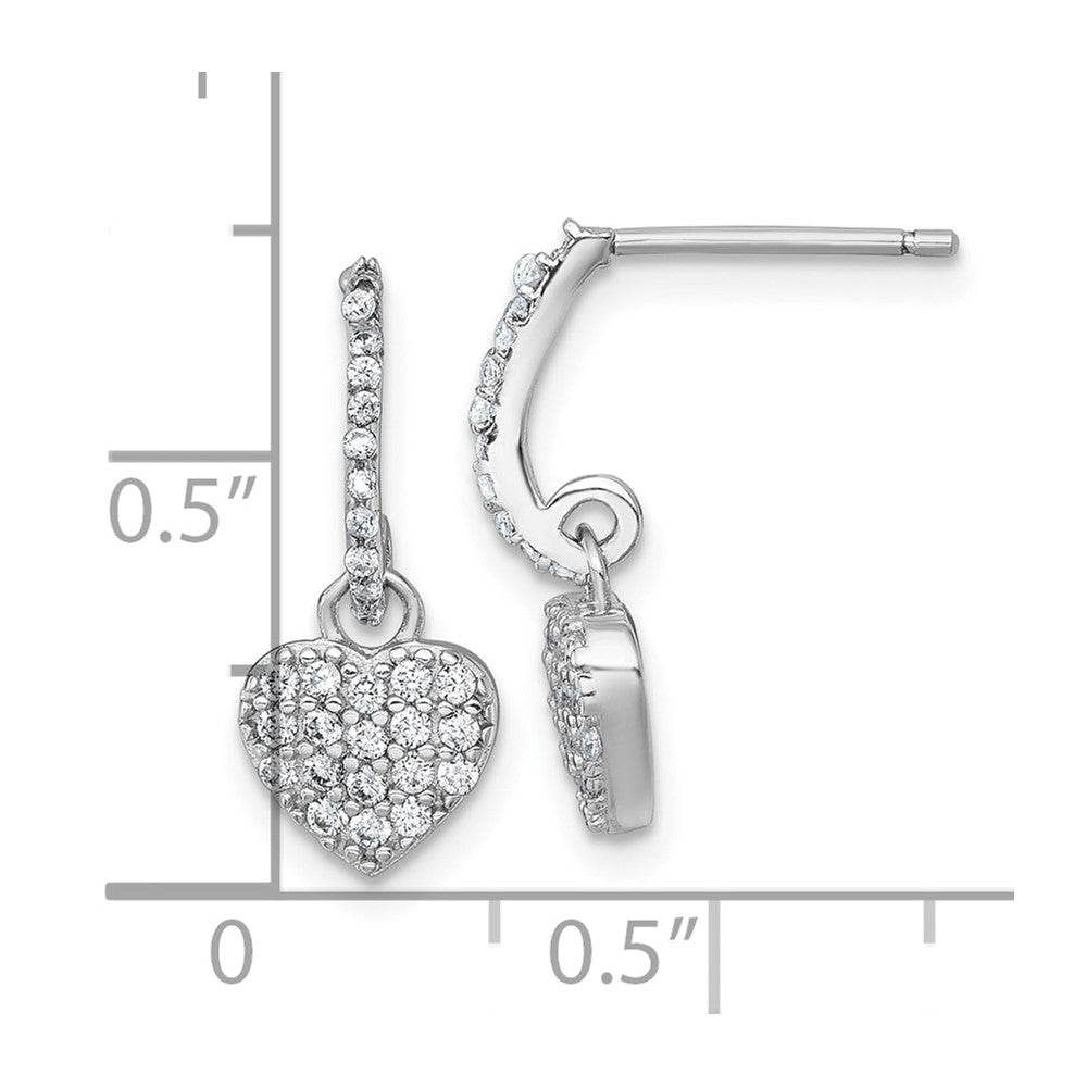 QE18211 Sterling Silver Rhodium-plated Polished CZ Heart Post Dangle Earrings