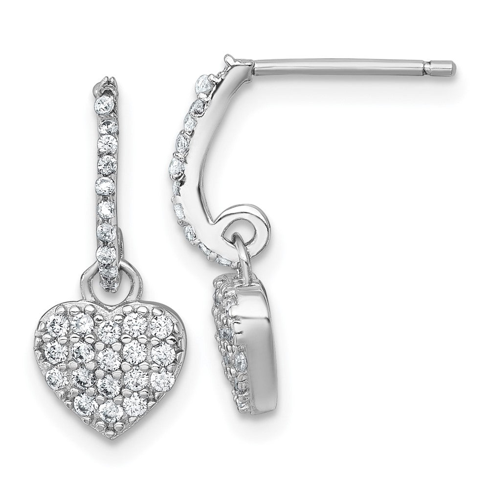QE18211 Sterling Silver Rhodium-plated Polished CZ Heart Post Dangle Earrings