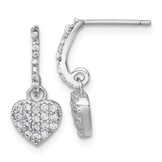 QE18211 Sterling Silver Rhodium-plated Polished CZ Heart Post Dangle Earrings