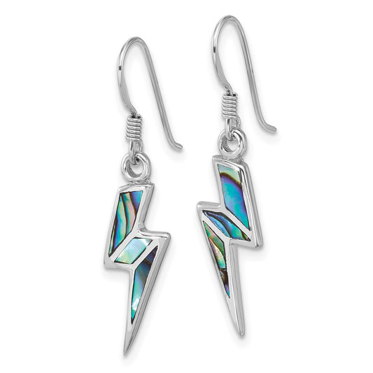 QE18213 Sterling Silver Rhodium-plated Polished Abalone Lightning Bolt Dangle Shepherd Hook Earrings