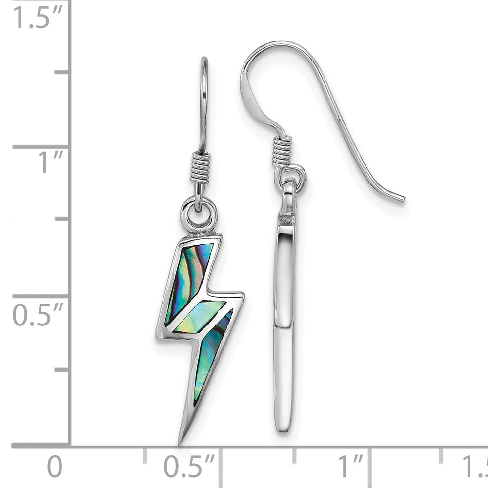 QE18213 Sterling Silver Rhodium-plated Polished Abalone Lightning Bolt Dangle Shepherd Hook Earrings